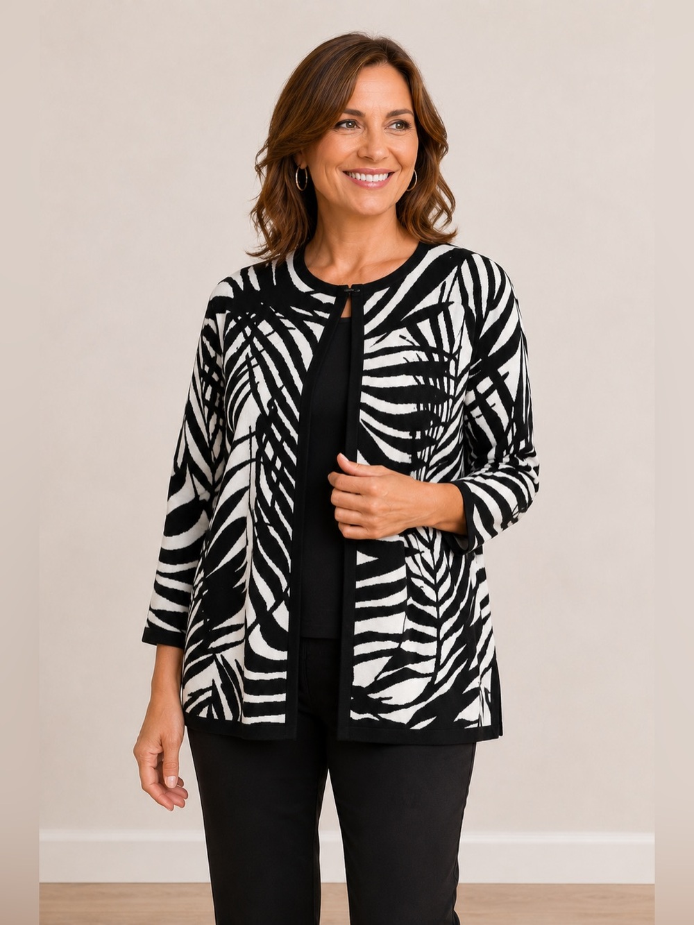 Chico’s Size 3 Black White Leaf Print Open Front Cardigan Sweater XL Zebra Knit